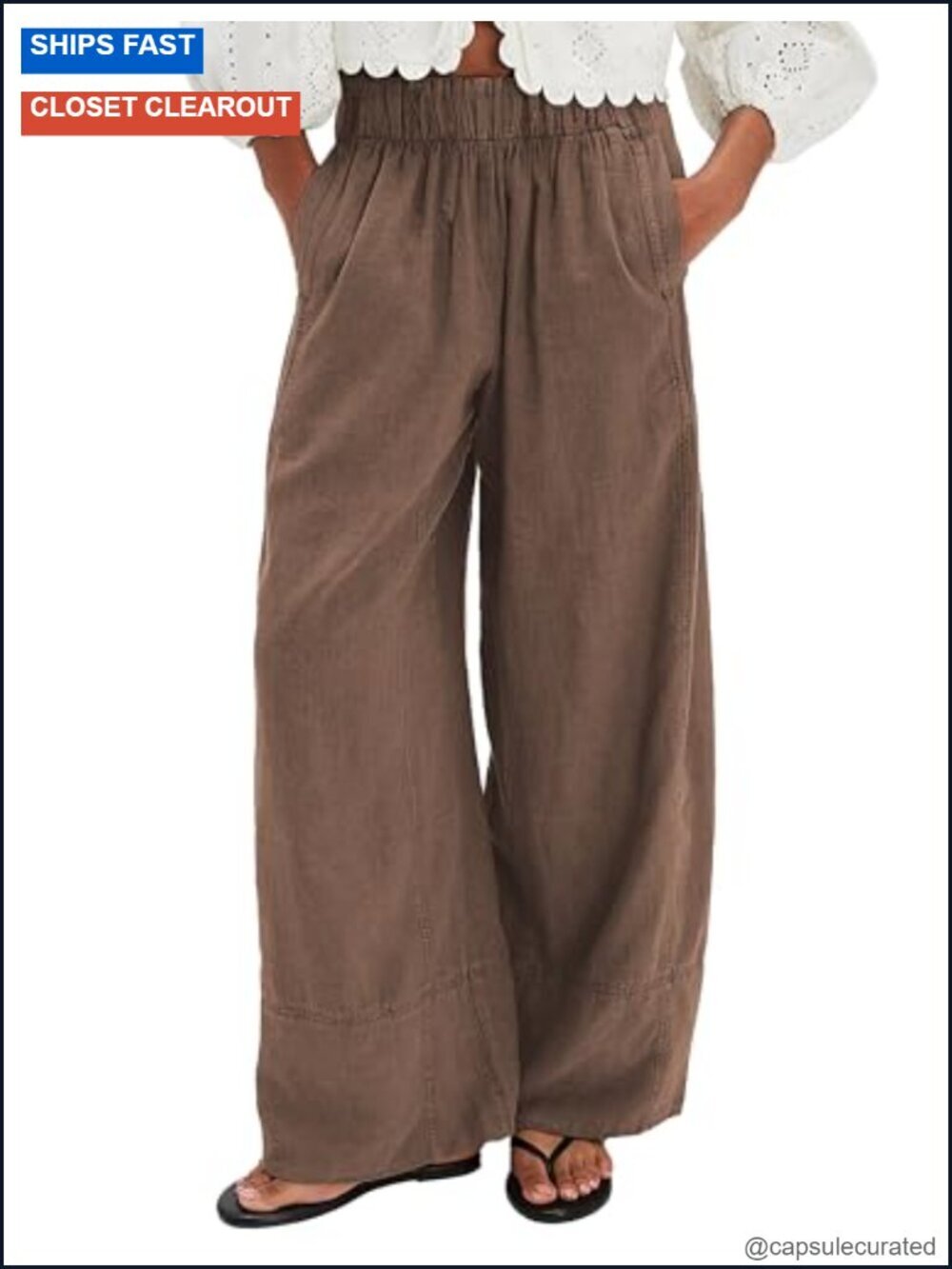 Womens Linen Blend Elastic Waist Wide Leg Palazzo Pants with Pockets